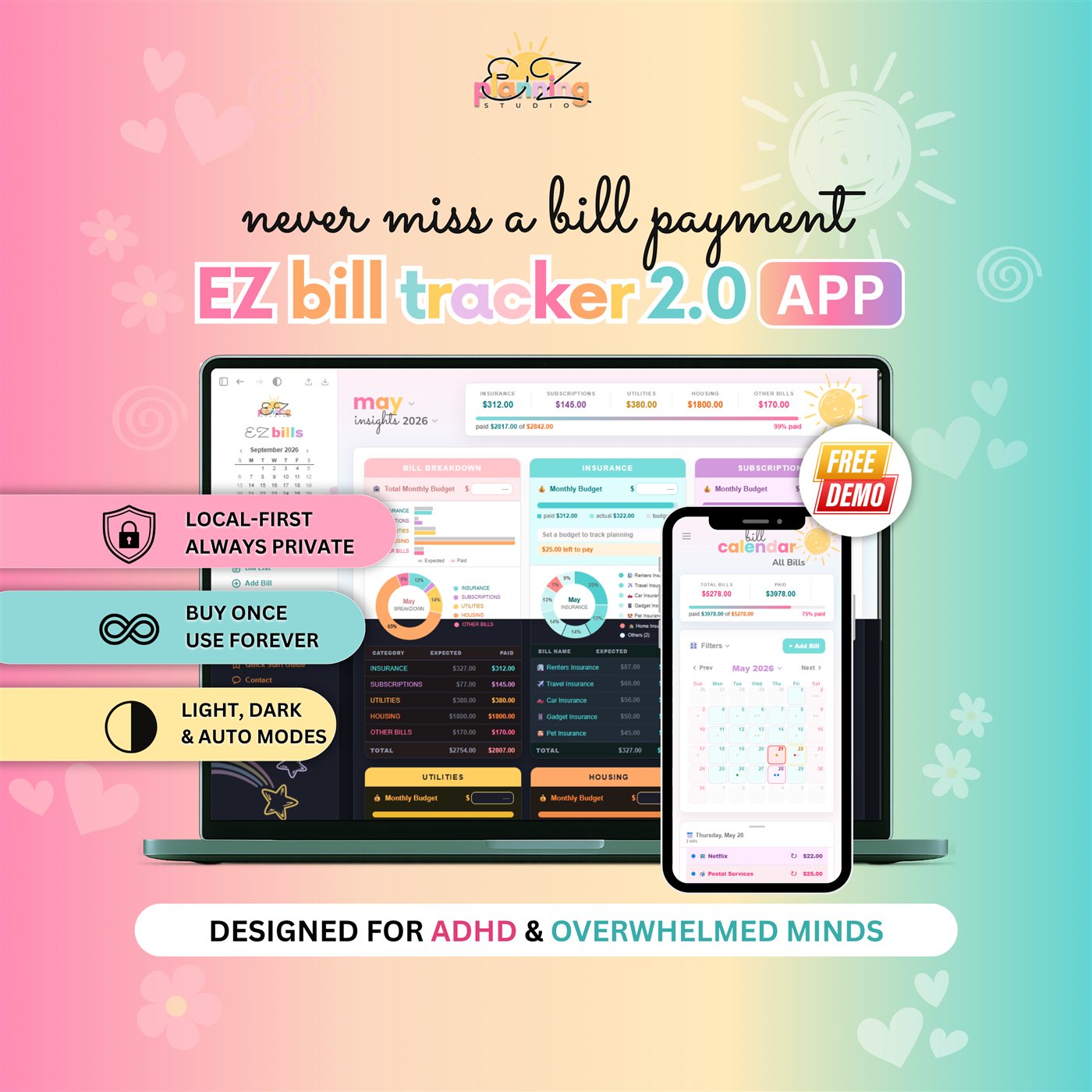 EZ Bill Tracker 2.0 — never miss a bill payment, local-first, buy once use forever, light & dark modes, designed for ADHD and overwhelmed minds