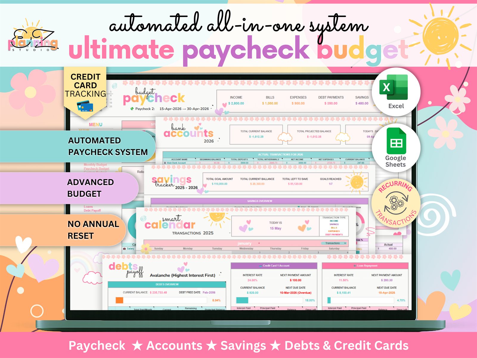Ultimate Paycheck Budget spreadsheet system — automated, color-coded budgeting for paycheck, accounts, savings, debts and credit cards
